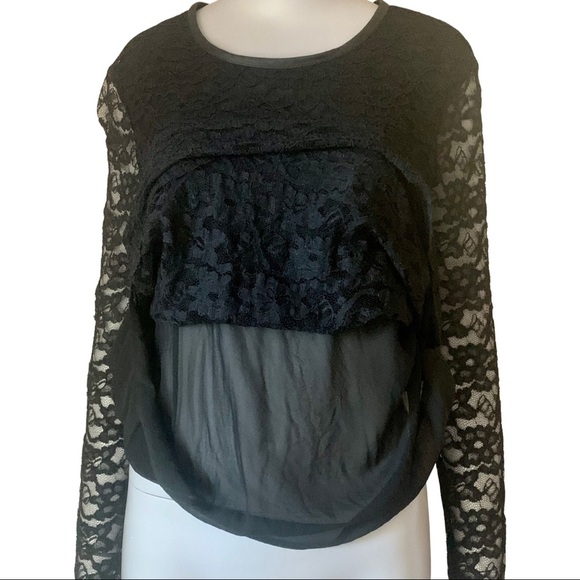 BROCHU WALKER Silk Lace Blouse Sheer Long Sleeves Black Style# HY13965 - Picture 13 of 16